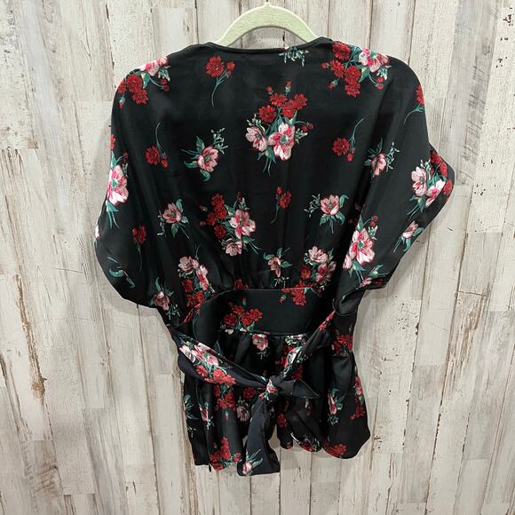 Express Black Rose Red Floral Peplum Tie Back Dark Floral Top Goth Whimsy Small - Picture 3 of 8